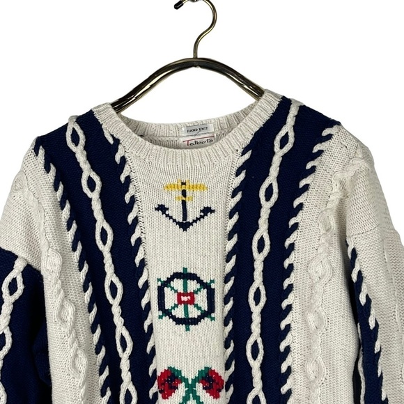 TALBOTS VINTAGE HAND KNIT COTTON NAUTICAL COLORBLOCK CABLE KNIT CREW SWEATER - Picture 5 of 12